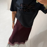 Saia Midi Acetinada com Renda em Bordeaux
