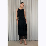 Vestido midi Cecilia Prado em malha tricotada preto com folhos