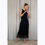 Vestido midi Cecilia Prado em malha tricotada preto com folhos