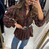 Blusa com Gola de Folhos Xadrez Bordeaux | VIOLETA
