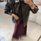 Saia Midi Acetinada com Renda em Bordeaux