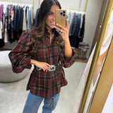 Blusa com Gola de Folhos Xadrez Bordeaux | VIOLETA