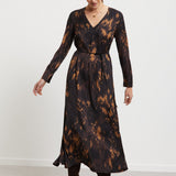Vestido Midi Acetinado Estampado com Cinto e Decote em V | ottod'ame