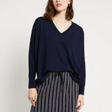 Camisola em Lã Merino Azul Marinho com Decote em V | ottod'ame
