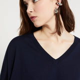 Camisola em Lã Merino Azul Marinho com Decote em V | ottod'ame