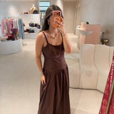 Vestido Longo em Popelina Castanho com Franzidos | Twinset