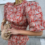 Conjunto Terracota Floral com Blusa de Mangas Volumosas e Saia Midi | VIOLETA