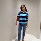 Polo de Malha Fina com Riscas Azul