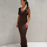 Vestido Midi Castanho em Malha Canelada com Folhos | Twinset