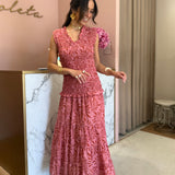Vestido Midi Rosa com Corpo  Franzido e Estampa Floral| Violeta Store