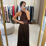 Vestido Longo Castanho em Malha e Georgette Plissada | Twinset