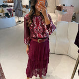Saia Glória Bordeaux Midi em Tricot Jacquard com Folhos | CECILIA PRADO
