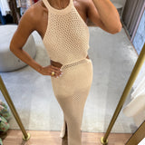 Vestido midi Twinset de punto beige con abalorios