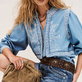 Blusa Laura Denim Azul Claro com Bordado | BA&SH