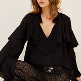 Blusa Betty Preta em Voile com Folhos e Laços | BA&SH