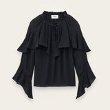 Blusa Betty Preta em Voile com Folhos e Laços | BA&SH