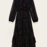 Vestido Dova Preto Midi com Padrão Floral e Folhos | BA&SH