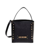 Mala de mão bucket bag Love Moschino em ráfia em preto com tachas