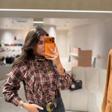 Blusa de Xadrez Bordeaux com Folhos | VIOLETA