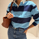 Polo de Malha Fina com Riscas Azul