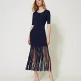 Twinset blue knit short dress with fringes