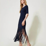 Twinset blue knit short dress with fringes