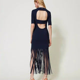 Twinset blue knit short dress with fringes