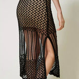 Vestido midi negro de Twinset de punto de malla con perlas