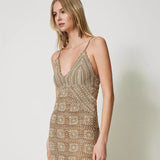 Vestido corto Twinset de crochet dorado