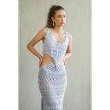Vestido longo Cecilia Prado em malha tricotada azul com aberturas