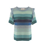 Conjunto t-shirt e saia Cecilia Prado em malha tricotada azul com folhos