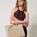 Mala tote bag TWINSET em rafia com logotipo