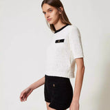 T-shirt de malha tricotada TWINSET em branco com contraste no
