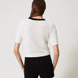 T-shirt de malha tricotada TWINSET em branco com contraste no
