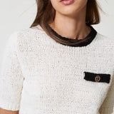 T-shirt de malha tricotada TWINSET em branco com contraste no
