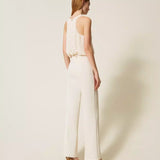 Calça Palazzo Ecru em Crepe com Cinto | TWINSET