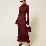 Vestido Comprido de Malha Bordeaux com Folhos | TWINSET
