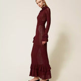 Vestido Comprido de Malha Bordeaux com Folhos | TWINSET