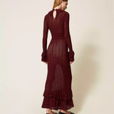 Vestido Comprido de Malha Bordeaux com Folhos | TWINSET