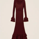 Vestido Comprido de Malha Bordeaux com Folhos | TWINSET