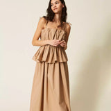 Vestido Midi Bege em Popelina com Folhos | Twinset