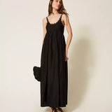 Vestido Longo Preto em Musselina com Renda | Twinset