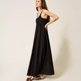 Vestido Longo Preto em Musselina com Renda | Twinset