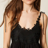 Vestido Longo Preto em Musselina com Renda | Twinset