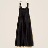 Vestido Longo Preto em Musselina com Renda | Twinset