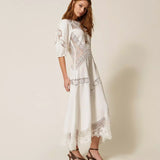 Vestido Midi Branco em Linho com Bordado | Twinset