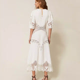 Vestido Midi Branco em Linho com Bordado | Twinset