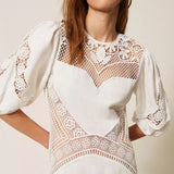 Vestido Midi Branco em Linho com Bordado | Twinset