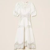 Vestido Midi Branco em Linho com Bordado | Twinset
