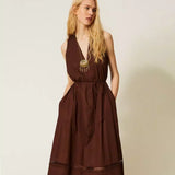 Vestido Castanho Midi em Popelina com Bordado | Twinset